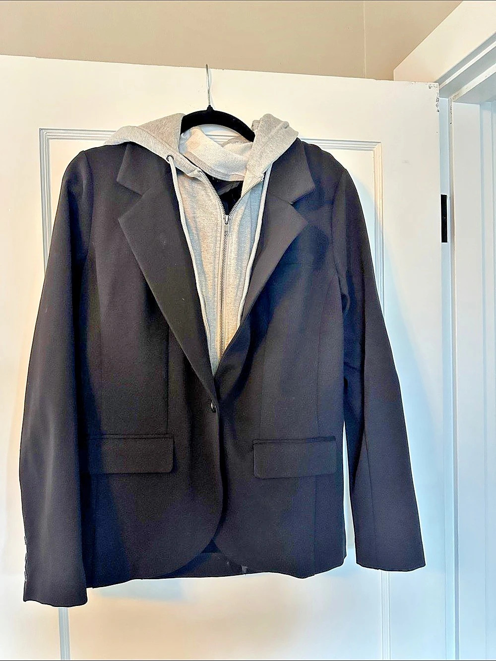 Liverpool Hooded Blazer in Black with zip in gray sweat shirt hoodie. Can be wor